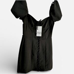 ZARA Black Puff Sleeve Corset Tie Criss Cross Mini Dress Cocktail MEDIUM NWT